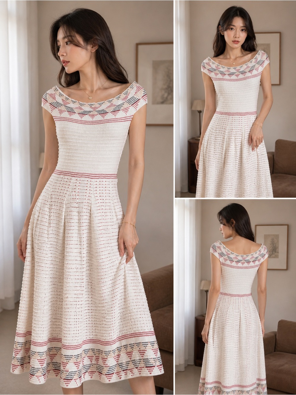 Maje Cream Midi Dress with Pink and Gray Trim - Picture 2 of 9